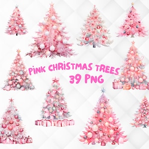 Watercolor Pink Christmas Tree Clipart. 39 PNG Decorated Christmas New Year Trees. Pink Christmas trees Print and Sublimation Digital