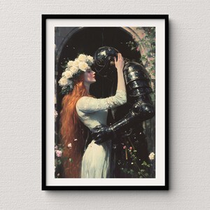 May include: A painting of a woman in a white dress with a crown of white flowers on her head, embracing a knight in black armor. The woman has long red hair and the knight is holding her close. The background is a dark, shadowy archway with green foliage.