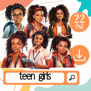 Schwarze Teenager Mädchen Clipart. 22 African American Teenager Mädchen PNG Set. Schwarze College Mädchen png. Digitaler Download
