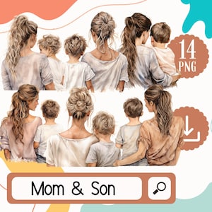Mutter und Sohn Aquarell Clipart von Hinten. 14 PNG Mama und Boy Clipart Digital Download. Muttertag Clipart Mama Geburtstag Clipart Digital