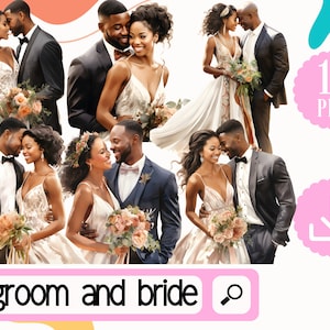 Preto Noivo e Noiva PNG. 17 Clipart de casamento. Casamento afro-americano png download digital