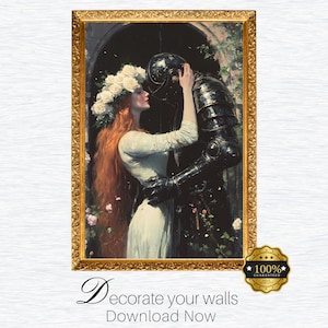 May include: A painting of a woman in a white dress with a crown of white flowers on her head, embracing a knight in black armor. The background is a garden with green foliage and pink flowers.
