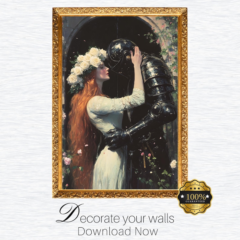 May include: A painting of a woman in a white dress with a crown of white flowers on her head, embracing a knight in black armor. The background is a garden with green foliage and pink flowers.