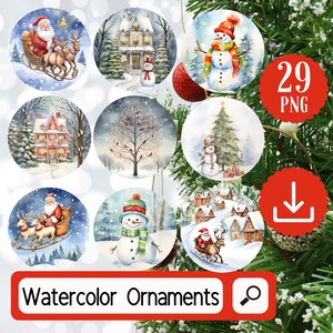 May include: Set of 29 watercolour Christmas ornament illustrations featuring a variety of winter scenes, including snowmen, houses, and Christmas trees. The illustrations are in a whimsical style and are perfect for adding a touch of festive cheer to your projects.