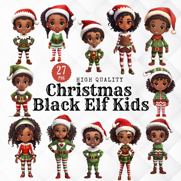 Christmas Elf Black Kids Clipart. 27 PNG Adorable African American Boy and Girl Elf Graphics for sublimation design. Afro Elves Clipart.