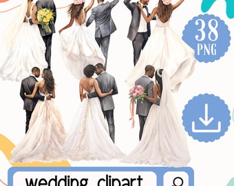 May include: Watercolor illustrations of couples in wedding attire. The image features multiple pairs, with the bride in a white gown and the groom in a suit. Some brides hold bouquets or wear floral crowns. The text "wedding clipart" is visible.