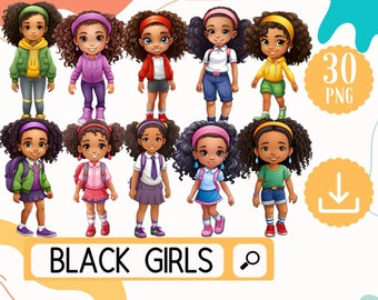 Enchanting Collection of Black Girls Clipart - 30 African American Girls PNG - Black Girl png - First Day of School - Digital Download