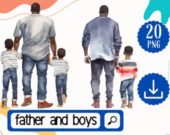 Black Father and Boys Clipart Bundle PNG, 20 Watercolor Black Father and Son together Clipart. Black Fathers day png, Birthday Dad Clipart.