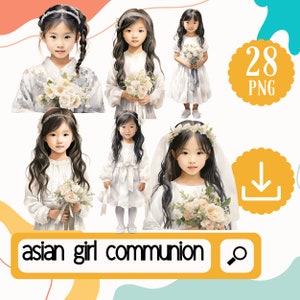 Première communion de filles asiatiques png. Clipart première communion. Clipart religieux de communion de filles. Filles, dans, robe blanche Clipart