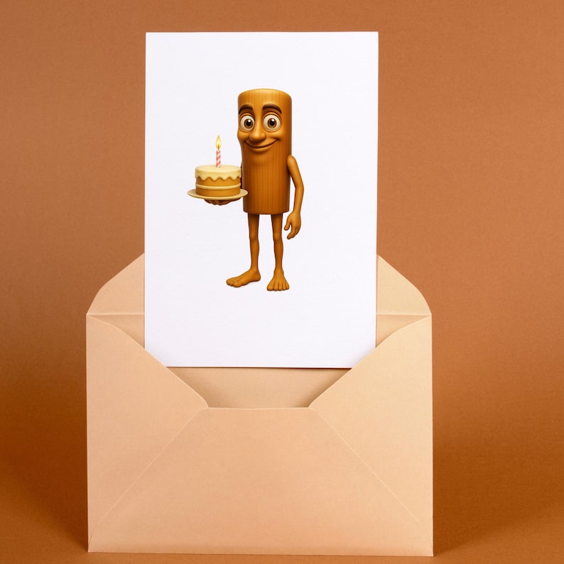 May include: A birthday card featuring a cartoon character made of wood holding a small cake with a lit candle. The card is inside a light brown envelope, set against a brown background.