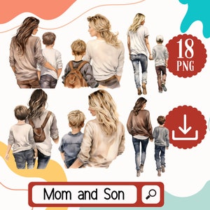 Clipart fête des mères Clipart aquarelle mère et fils par derrière. 18 PNG en téléchargement numérique pour maman et garçon. Clipart numérique d'anniversaire de maman