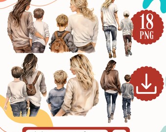 Mothers Day Clipart Mother and Son Watercolor Clipart from Behind. 18 PNG Mom and Boy Clipart Digital Download. Mom Birthday Clipart Digital