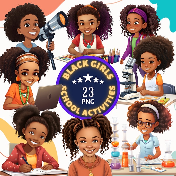 Black Girls School Activities Clipart Set - 23 PNG Black Students in Class -  Black Kids Back to School - Classroom Decor - School Project