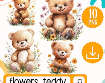 Floral Teddy Bear Clipart PNG. Watercolor Teddy Bear Flowers Clipart. 10 Floral Wild Flower Teddy Bear Bundle Digital Download Sublimation