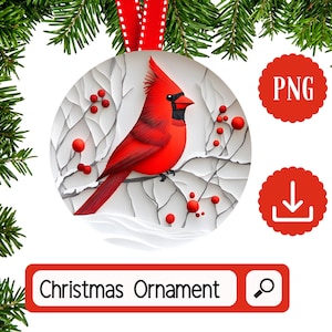 Cardinal oiseau ornements de Noël Sublimation Clipart - rond ornements de Noël PNG - sublimation circulaire 3D - téléchargement numérique