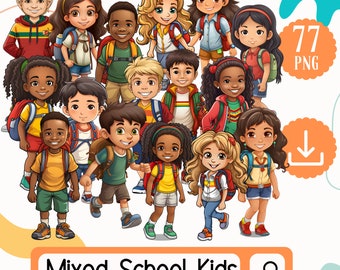 May include: A group of 15 diverse school children, including boys and girls, with different skin tones and hair colours, wearing backpacks and smiling. They are all dressed in casual clothing, such as t-shirts, jeans, and shorts. The image is set against a colourful background with a download icon and the text "77 PNG".