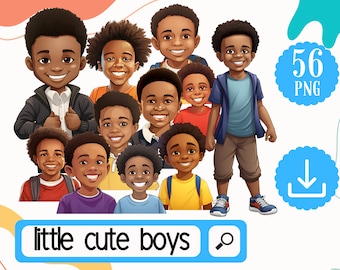 Cute Little Black Boys Clipart Bundle. 56 Afro Boy PNG. African American Boys png. Commercial Use