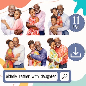 Imágenes prediseñadas de padre e hija de edad avanzada negra PNG, 11 imágenes prediseñadas de padre e hija negros de acuarela, png del día del padre negro, imágenes prediseñadas de papá de cumpleaños.