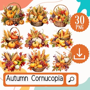 Insieme di clipart di Cornucopia di autunno. 30 cestini autunnali con zucche, mais e foglie. Clipart di scrapbooking, lavoretti con la carta, creazione di cartoline