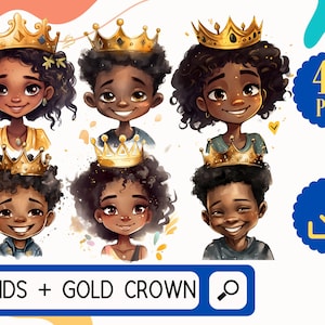 Schwarze Kinder tragen Gold Krone Clipart Aquarell 40 PNG Bundle, 20 schwarze Königin Mädchen, 20 schwarze König Jungen, Kinder digitaler Download