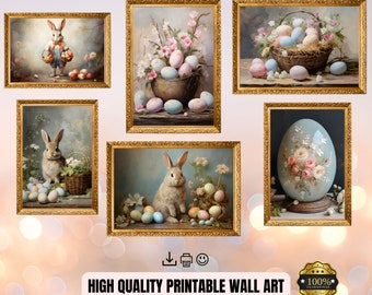 Easter Set of 6 Wall Art - Vintage Easter Rabbit Print - Happy Easter Art Decor -  Oil painting Easter Eggs Printable Digital Download