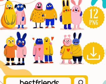 Super Cute Best Friends in Illustrations Clipart. 12 Super Cute Drawings of Friends PNG. Friendship Clipart. School Graphics