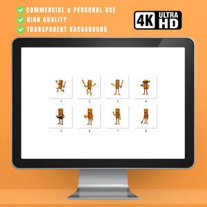 May include: A computer monitor displays a series of eight cartoon characters with a brown, stick-like appearance. The characters are in various poses, some holding objects. The screen also shows text: COMMERCIAL & PERSONAL USE, HIGH QUALITY, TRANSPARENT BACKGROUND, and 4K ULTRA HD.