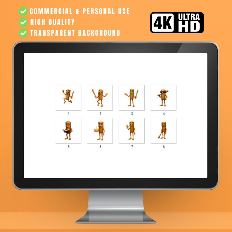 May include: A computer monitor displays a series of eight cartoon characters with a brown, stick-like appearance. The characters are in various poses, some holding objects. The screen also shows text: COMMERCIAL & PERSONAL USE, HIGH QUALITY, TRANSPARENT BACKGROUND, and 4K ULTRA HD.