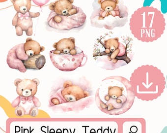 Watercolor Pink Sleepy Teddy Bear Set. 17 PNG Pink Teddy bear Girls Nursery Room graphics. Pink Baby girl Clipart Digital Download