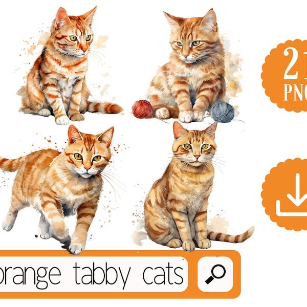 Orange Tabby Cat Clipart Bundle. Orange Watercolor Cat PNG Digital Download.