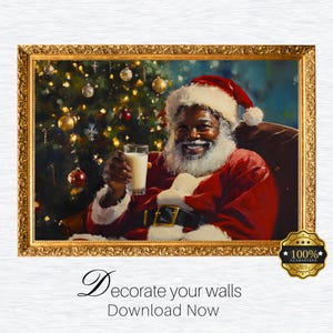 Christmas Oil Painting Black Santa Drinking Milk Printable Wall Art. Vintage Christmas African American Santa Digital Download