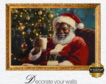 Christmas Oil Painting Black Santa Drinking Milk Printable Wall Art. Vintage Christmas African American Santa Digital Download
