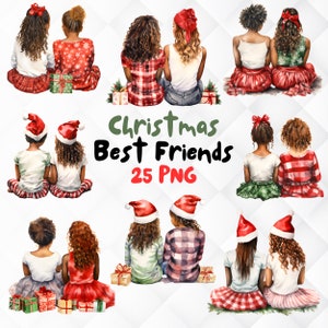 Watercolor African American Christmas Best Friends Clipart. 25 Xmas Black Girls PNG. Black Besties Duo. Afro girls clipart Digital Download
