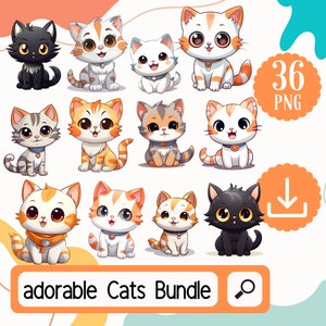 Adorable Cats Clipart Bundle. 36 PNG Cat Clipart Set. Cute Tabby cat, Black cat, Ginger cat, Orange cat cartoon graphics Digital Download