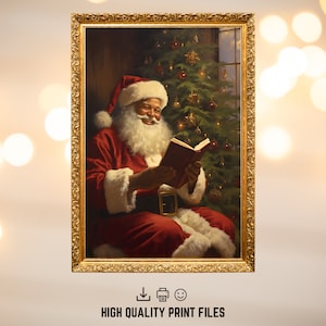 Christmas Oil Painting Black Santa Reading Printable Wall Art. Vintage Christmas African American Santa Digital Download