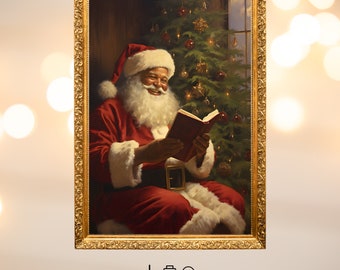 Christmas Oil Painting Black Santa Reading Printable Wall Art. Vintage Christmas African American Santa Digital Download