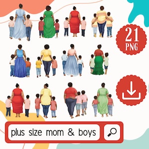 African American Plus Size Mutter und Jungen Clipart - 21 PNG Schwarz Plus Size Mutter und Zwei Söhne Set. Muttertag Clipart - Mutter Geburtstag