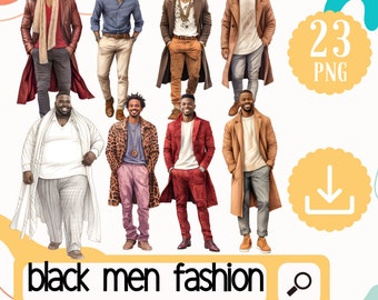 May include: A digital illustration of eight men wearing different styles of clothing. The men are all Black and are wearing a variety of colors and patterns. The illustration is set against a white background with a yellow and blue design. The text "black men fashion" is at the bottom of the image.