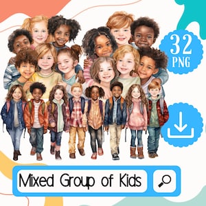 Gruppe von gemischten Schulkindern Clipart PNG Bundle. 32 Aquarell Mixed Back to School Friends Set. Mix aus Grundschulkindern