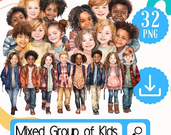 Group of Mixed School Kids Clipart PNG Bundle. 32 Watercolor Mixed Back to School Friends Set. Mix of Elementary School Children