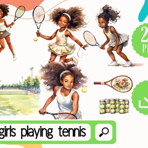 Mädchen Spielen Tennis Clipart. 22 Black Girl Tennis png Bundle. Afro Girl Tennis Clipart