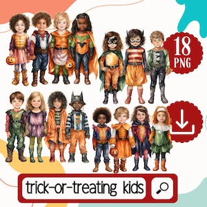 Watercolor Trick or Treating Children PNG Clipart. 18 Halloween Kids Clipart. Halloween Group of Children Digital Download