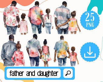 Black Father and Daughter Clipart, 25 Watercolor Black Father and Girl together Clipart. Black Fathers day png, Birthday Dad Clipart.