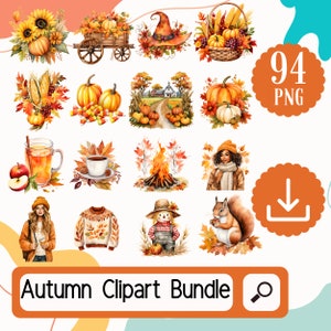 Collezione di clipart autunnali. 94 Set PNG umore autunnale. Foglie autunnali, ghiande, cornucopia, scoiattolo, album di ritagli, lavori con la carta, creazione di cartoline