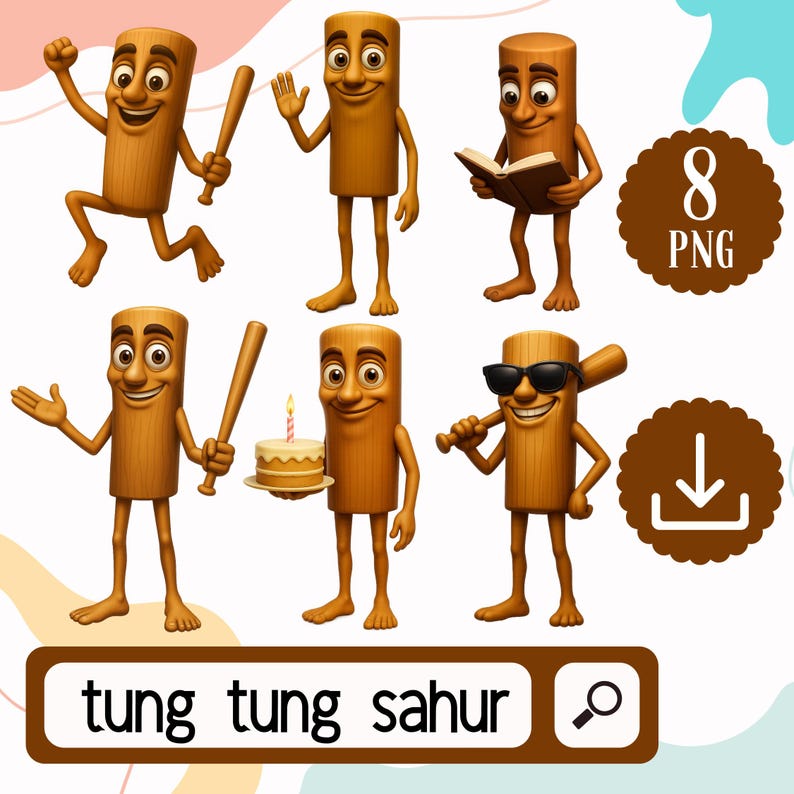 May include: A collection of cartoon characters shaped like wooden cylinders, each with a smiling face and limbs. Some characters hold a baseball bat, a book, or a birthday cake. The image includes the text "tung tung sahur".