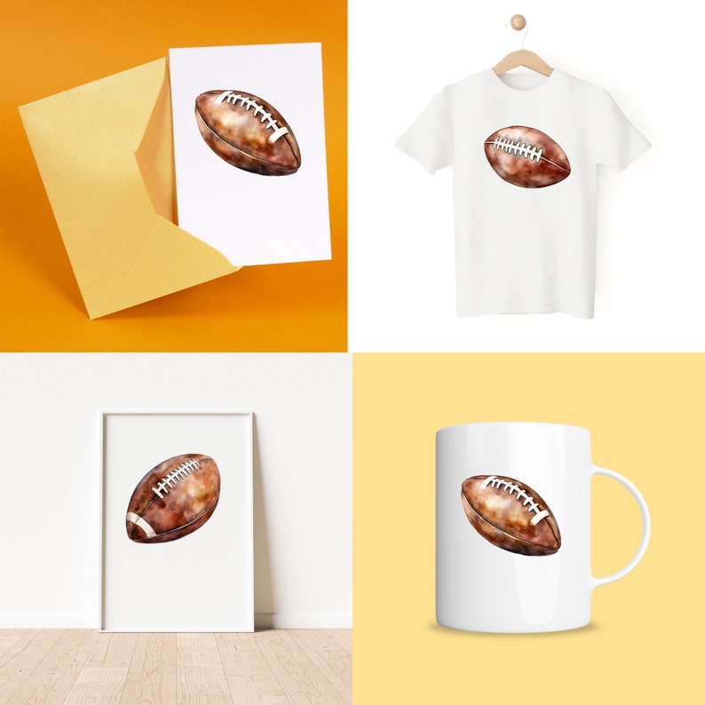 May include: A watercolor illustration of a brown and white football on a white background. The football is shown on a white mug, a white t-shirt, and a white framed print.