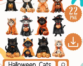 Adorable Halloween Cats Clipart Set. 22 PNG Cute Halloween Cats - Halloween Decor Art Graphics Digital Download