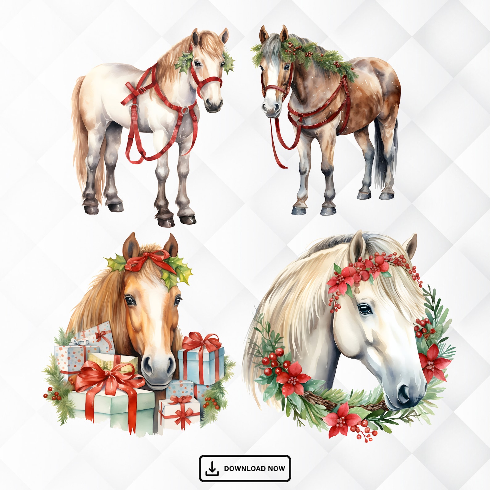 Watercolor Christmas Horse Clipart. 19 Winter Christmashorse PNG ...