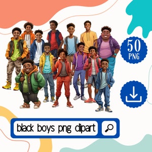 Teenager Black Boys Clipart Bundle. 50 African American Black Boys PNG . Black Teen Boys PNG Digital Download