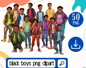 Teenager Black Boys Clipart Bundle. 50 African American Black Boys PNG . Black Teen Boys PNG Digital Download